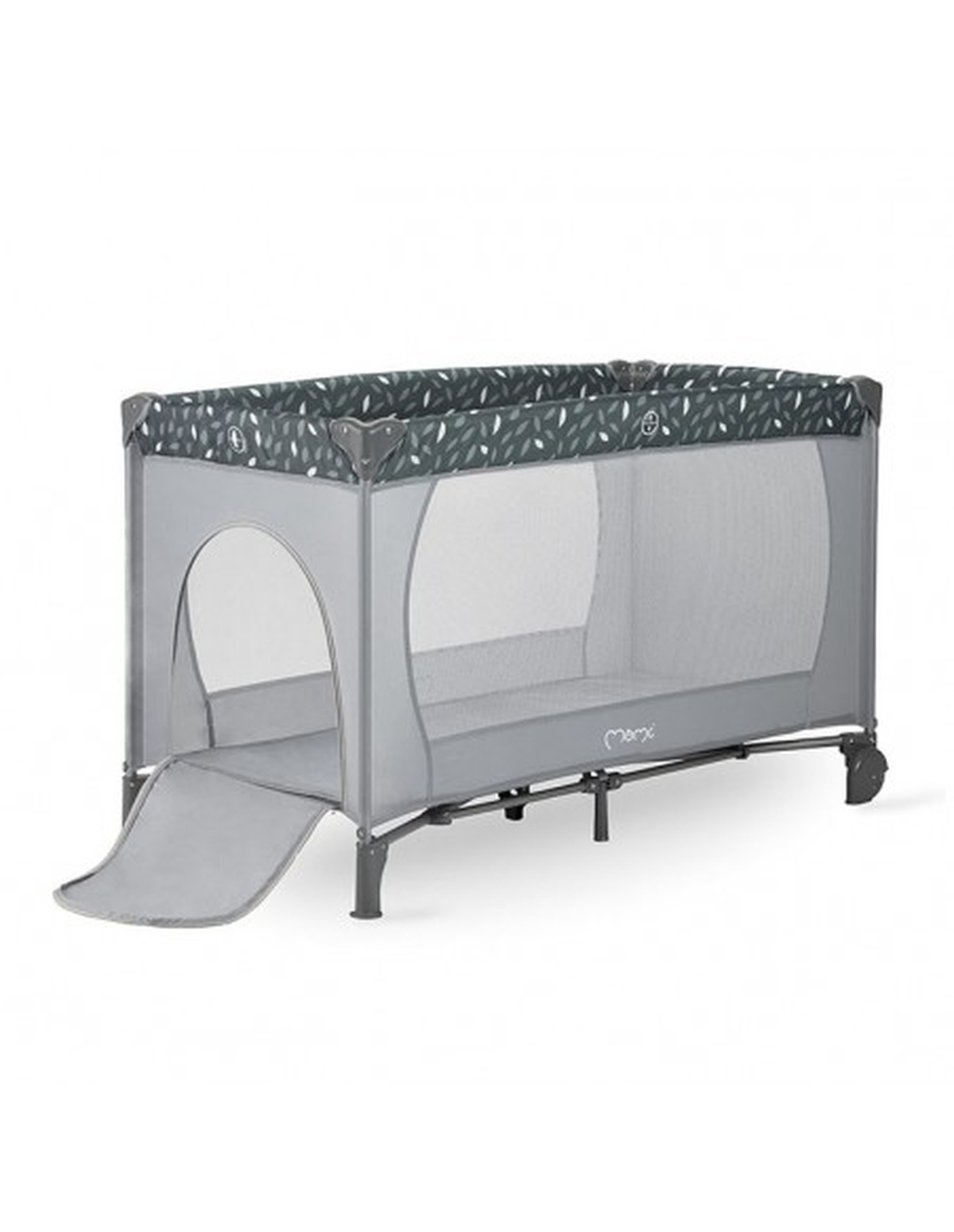 Ein graues Babyreisebett mit Öffnung. Die Oberseite hat ein Muster aus grünen Blättern.