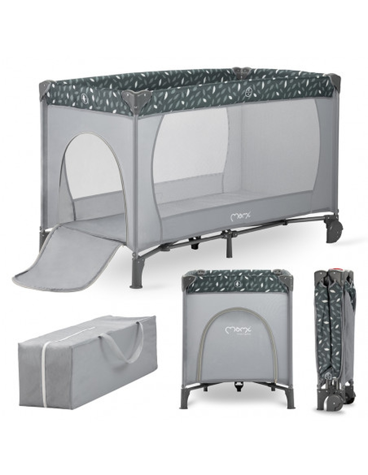 Ein graues Babyreisebett mit Tragetasche und zusammengeklapptem Bett. Das Bett ist offen.