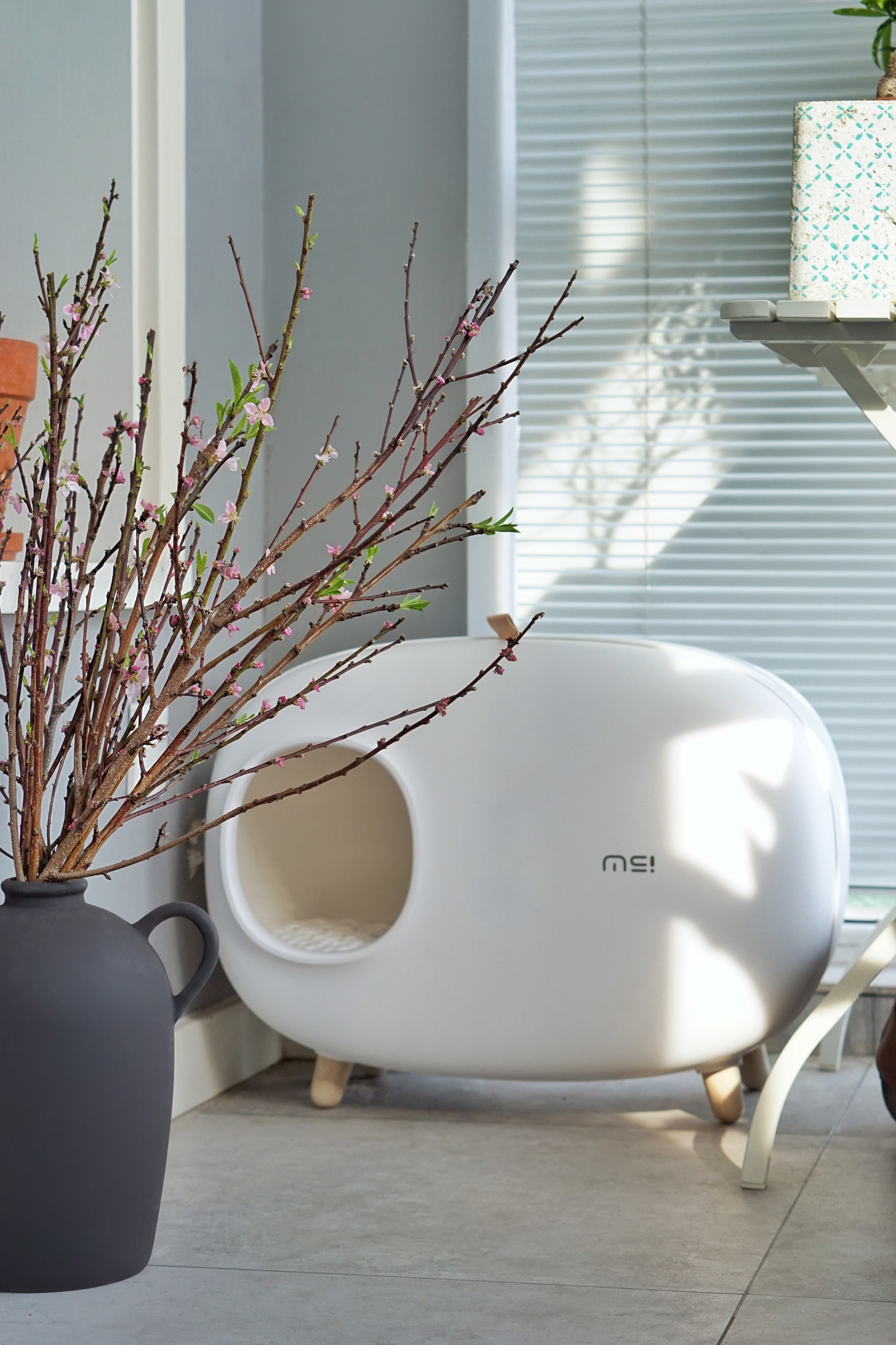 Eine Vase mit Zweigen steht neben einer weißen, abgerundeten Katzentoilette mit Holzbeinen in der Nähe eines Fensters mit Jalousien.