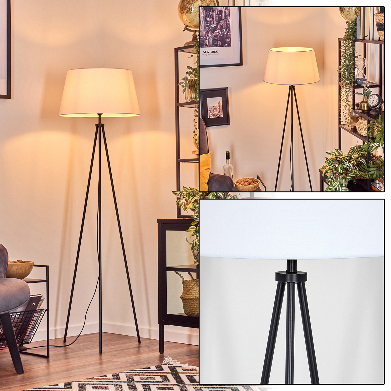 Zwei Lampen mit schwarzen Stativen und weißen Schirmen in einem Wohnzimmer. Regale und Pflanzen sind sichtbar.