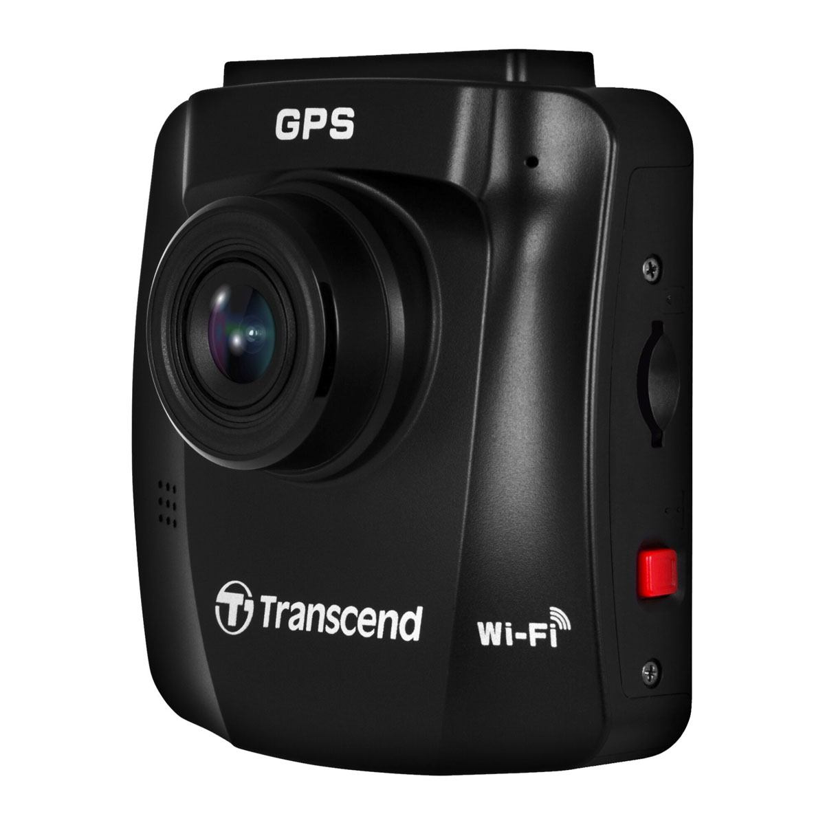 Eine schwarze Dashcam mit Objektiv, Knöpfen und dem Wort GPS. Der Markenname Transcend ist ebenfalls sichtbar.