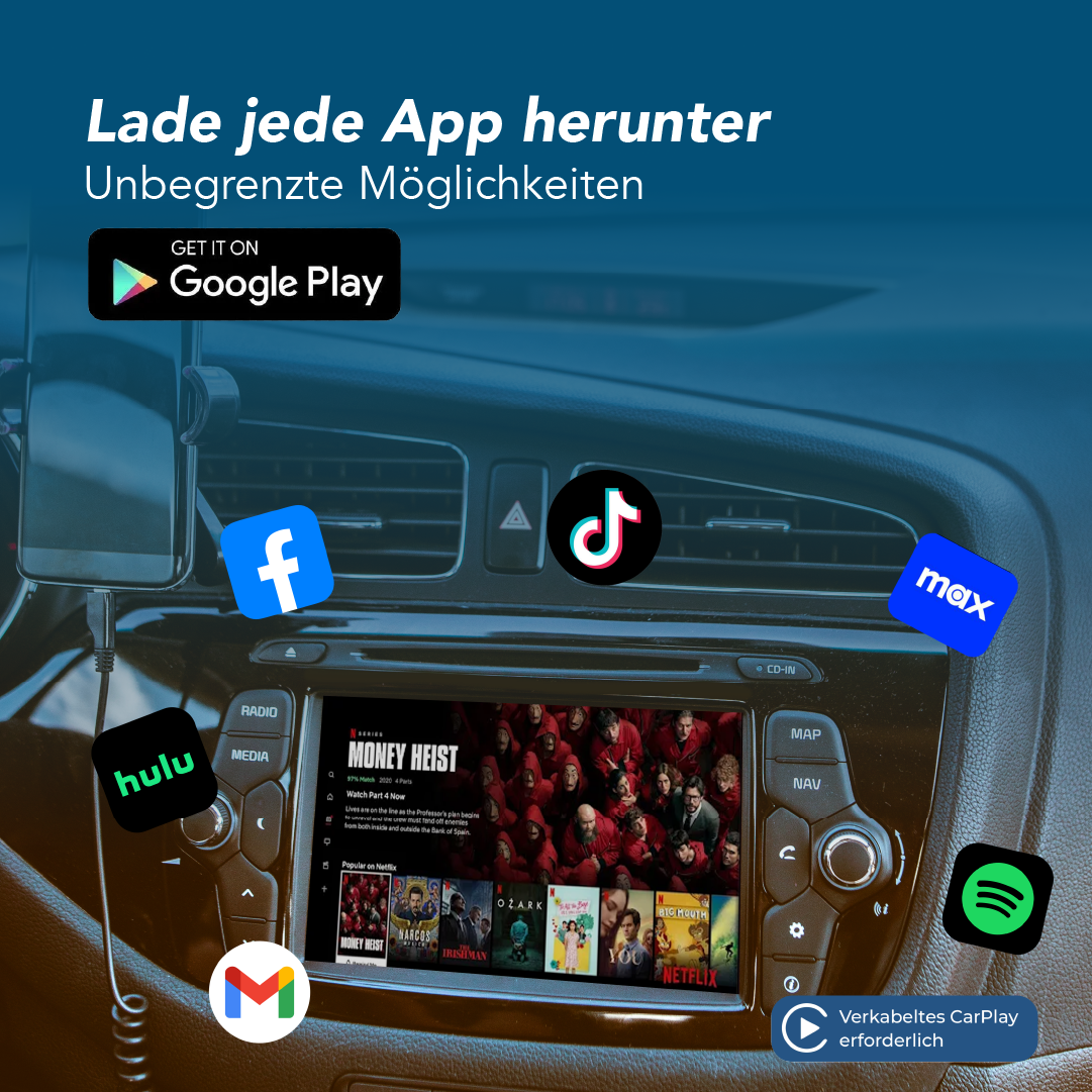 Ein Armaturenbrett mit Bildschirm, der Apps wie Netflix, Spotify zeigt. Ein Telefon ist mit dem System verbunden.