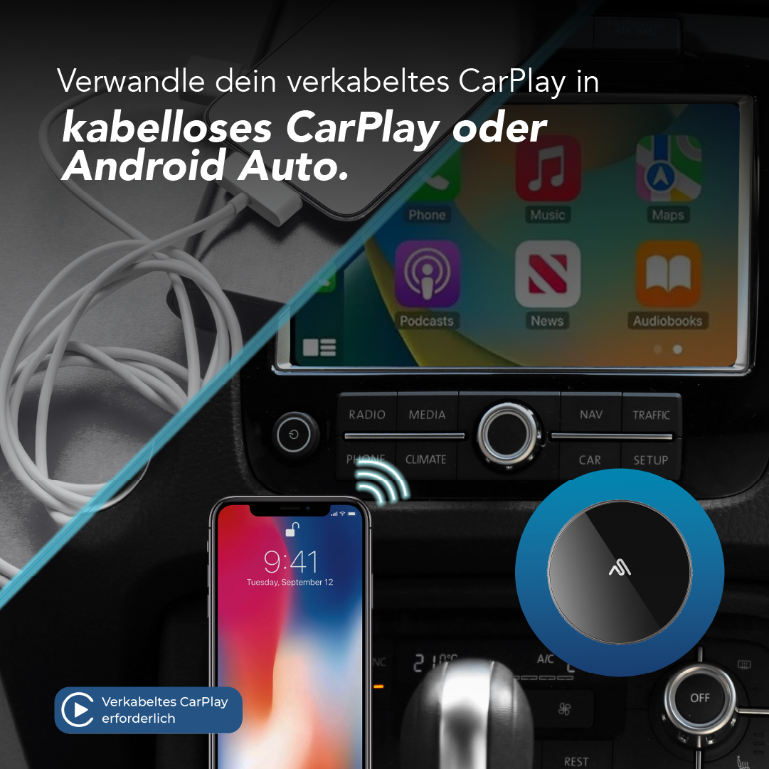 Ein Telefon und ein kreisförmiges Gerät auf dem Armaturenbrett eines Autos, mit Kabel.