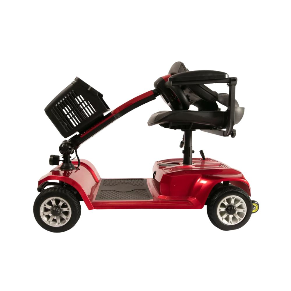 Un scooter de movilidad rojo con asiento, cesta y reposabrazos, visto de lado.
