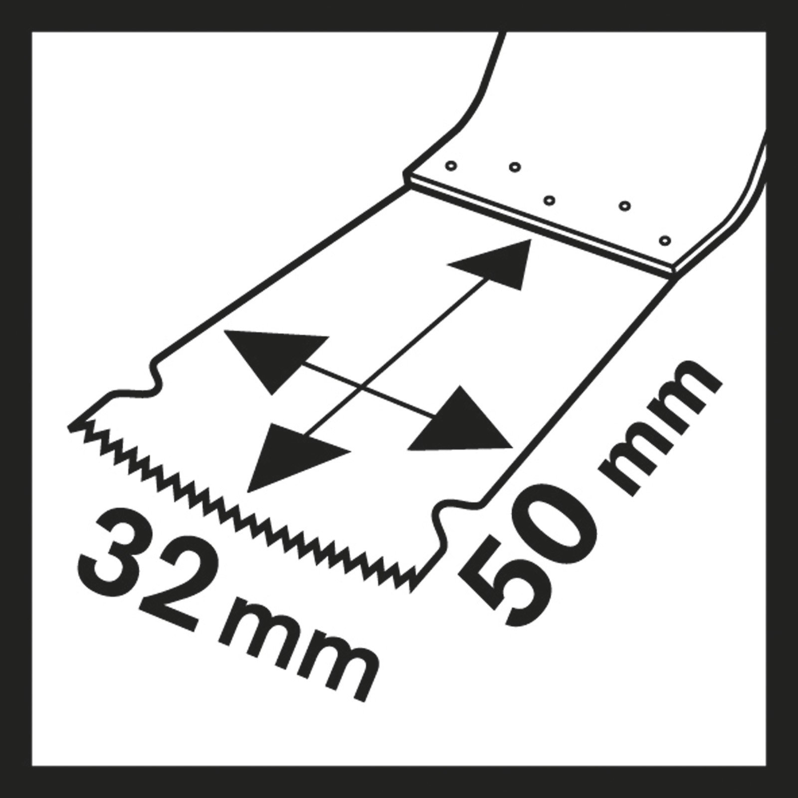 Ein Sägeblatt mit den Maßen: 32 mm und 50 mm. Pfeile zeigen die Messungen an. Das Blatt befindet sich auf weißem Grund.