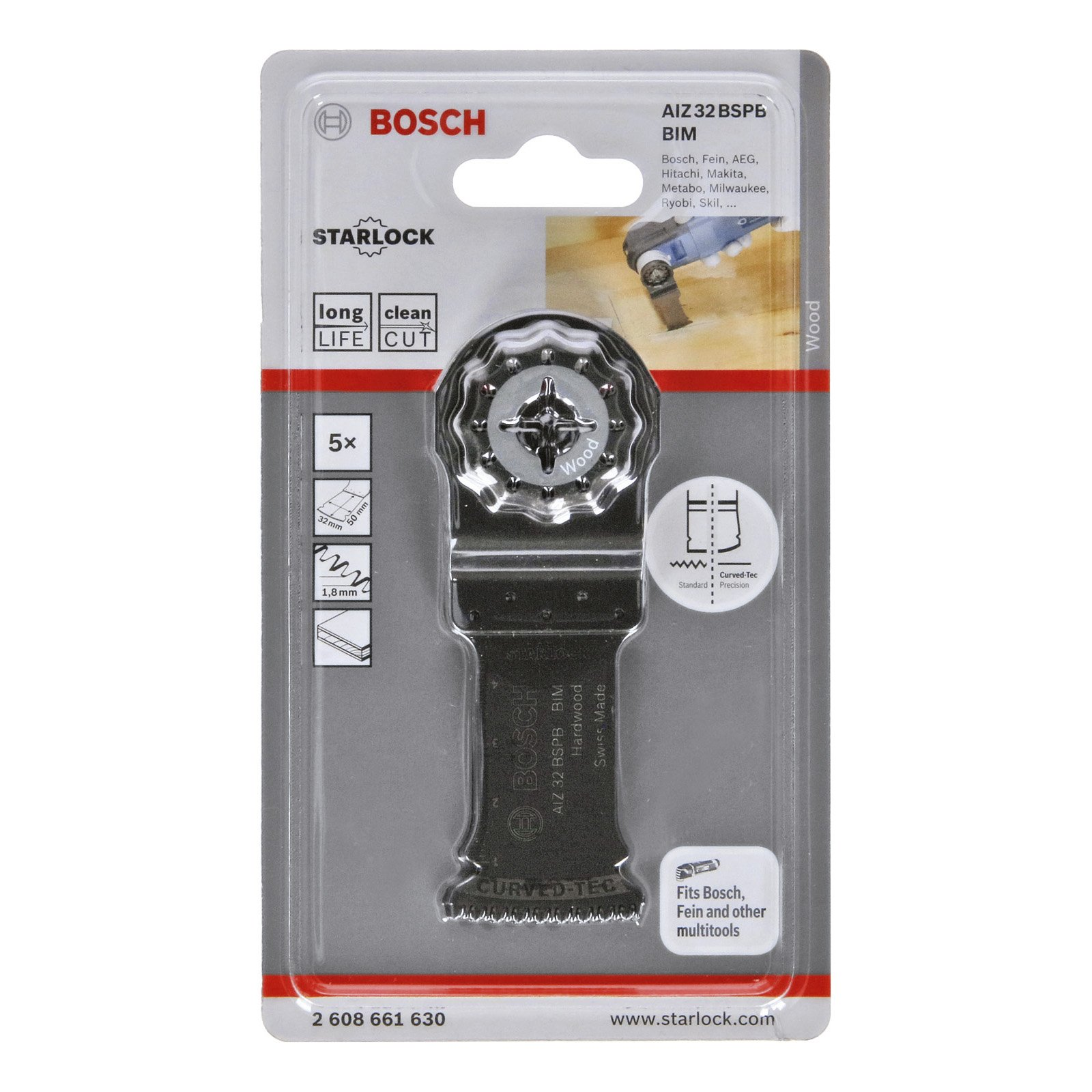 Nahaufnahme eines Sägeblattes in der Verpackung, markiert mit dem Bosch-Logo und 'CURVED-TEC'.