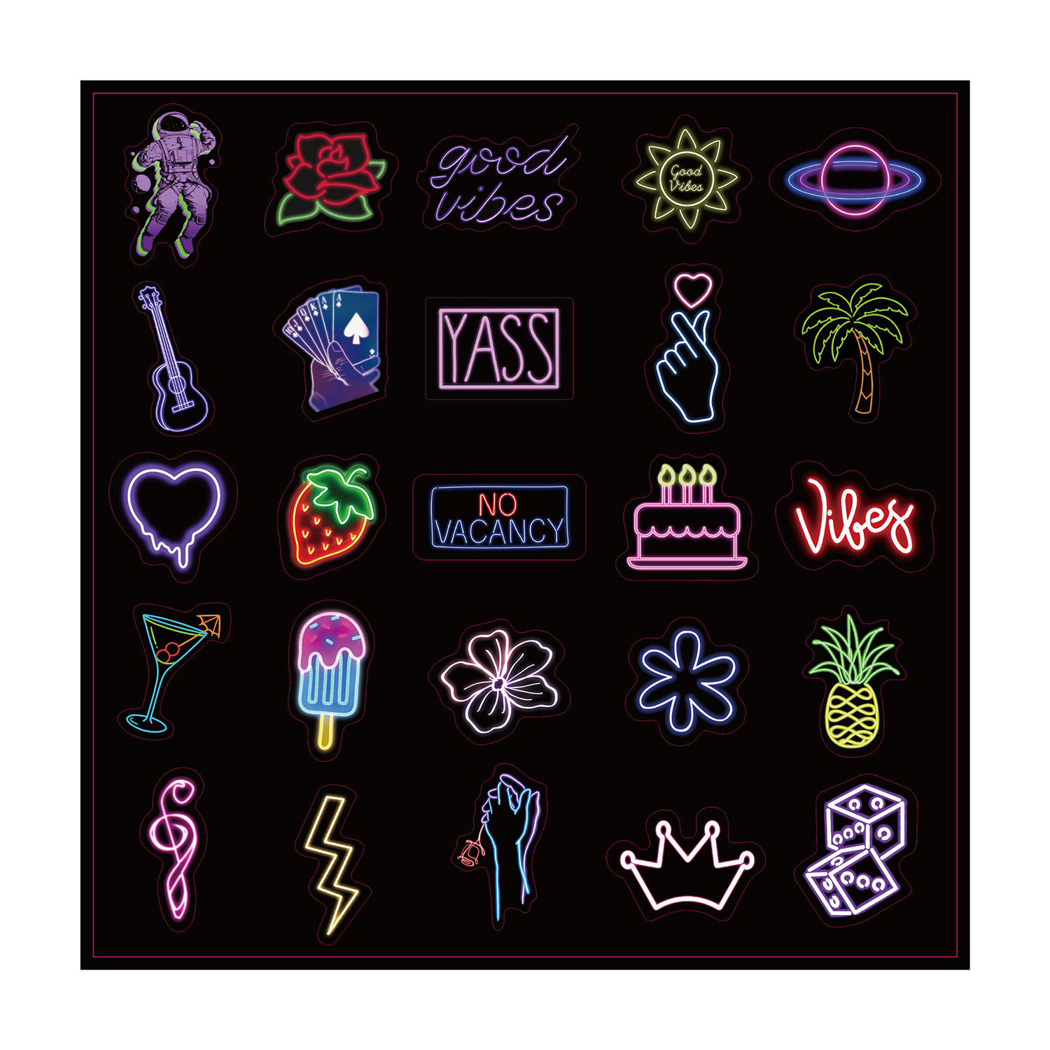 Kolekcja naklejek z neonowym światłem na czarnym tle, prezentująca różne wzory.