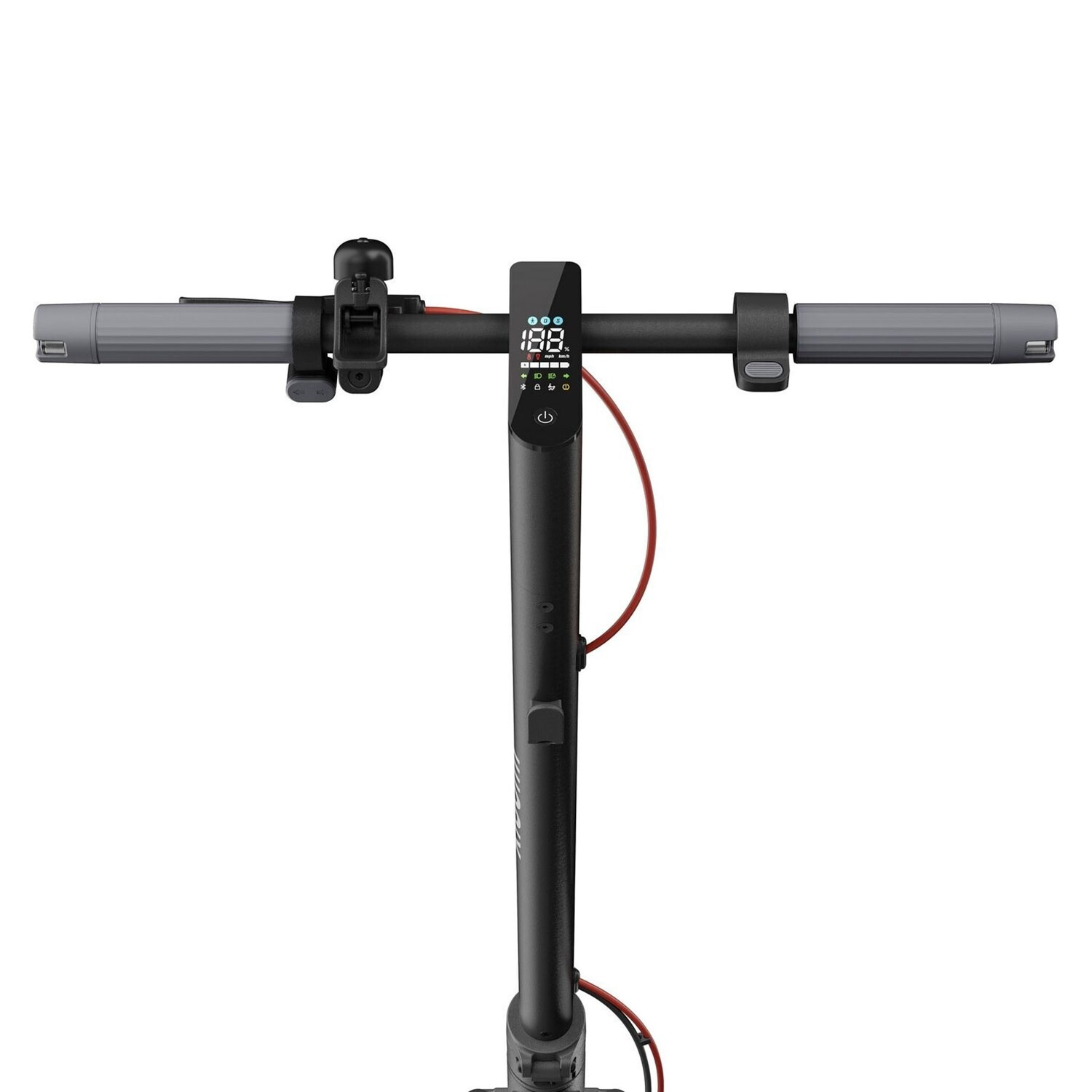 Zbliżenie kierownicy czarnej hulajnogi elektrycznej, pokazujące wyświetlacz, dźwignię hamulca i uchwyty.