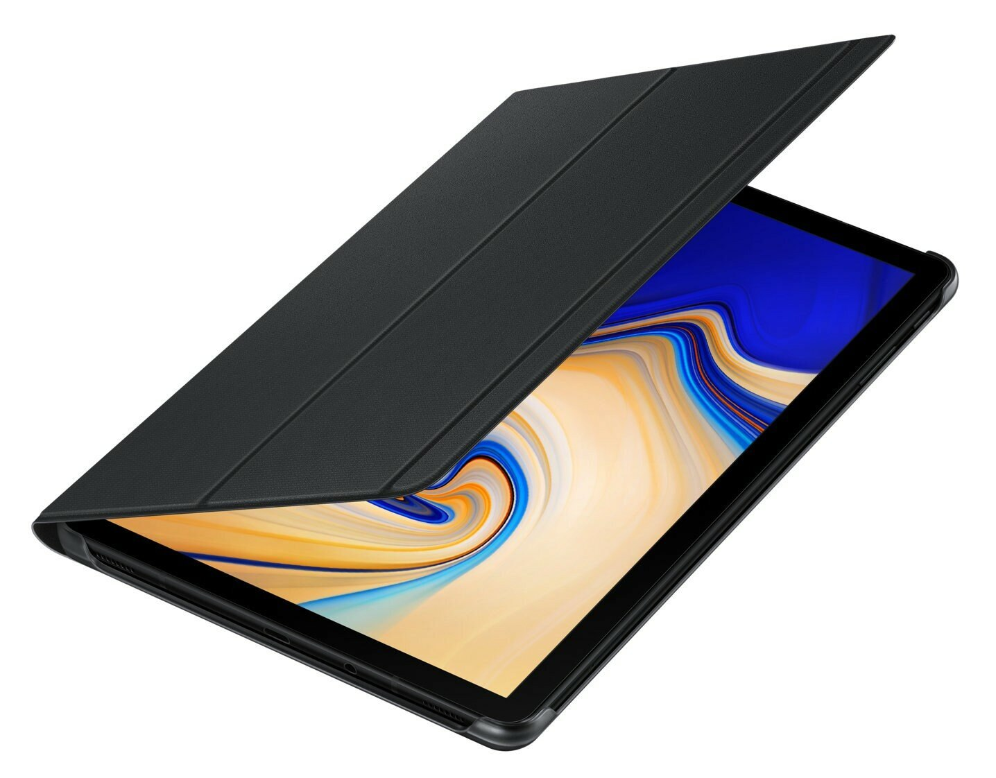 Schwarzes Tablet mit teilweise geöffneter Hülle, zeigt blau-lilafarbene Bildschirminhalte.