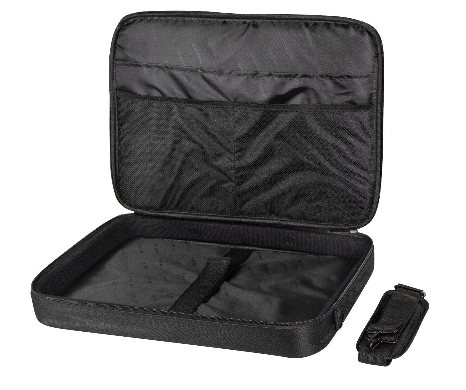 Bolso de portátil negro abierto con múltiples compartimentos sobre fondo blanco. Una correa desmontable está al lado.