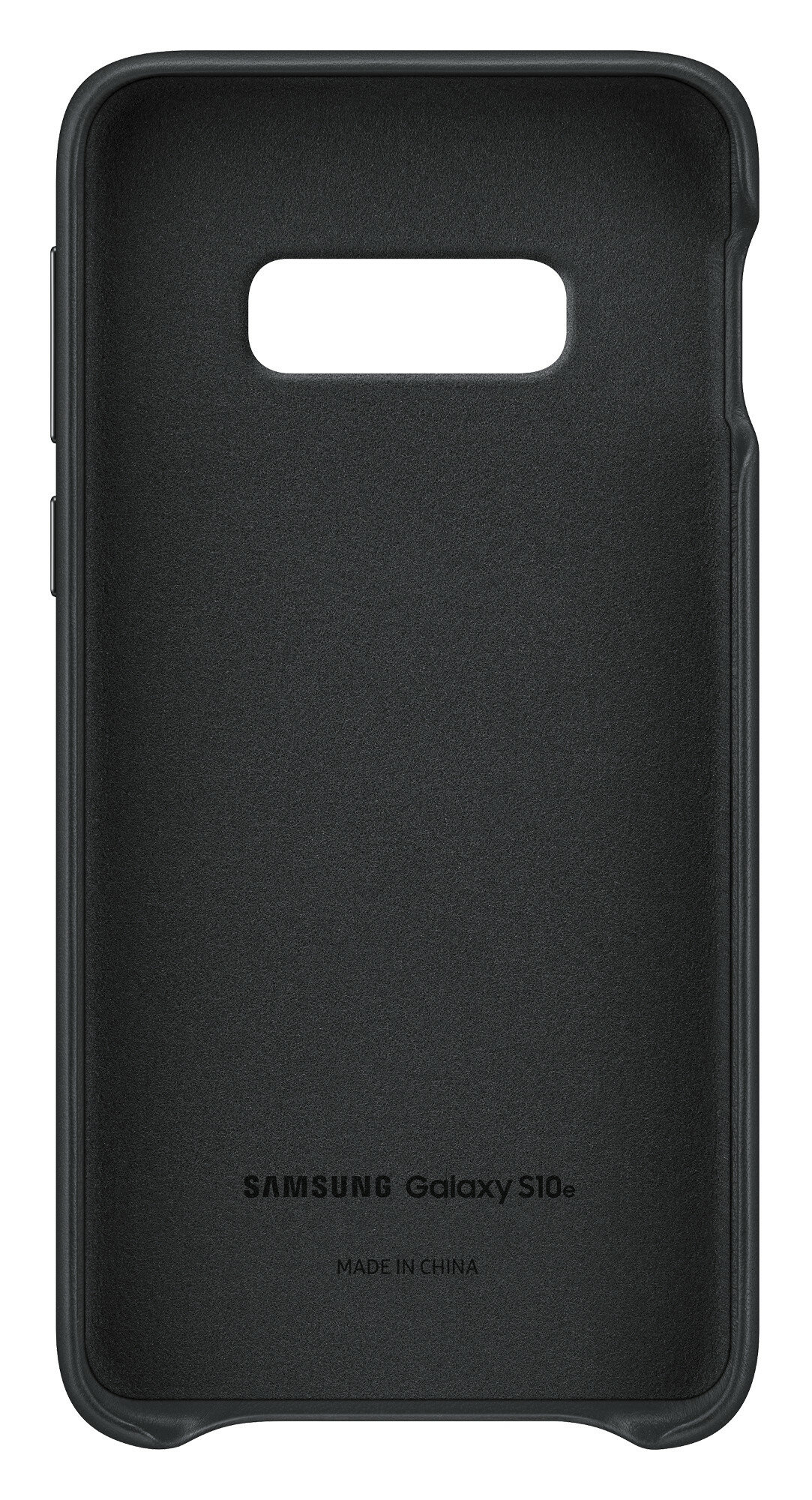 El interior de una funda negra para teléfono con el logotipo de Samsung Galaxy S10e y la etiqueta Made in China.