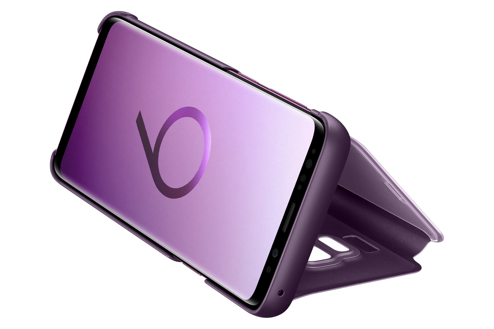 Teléfono púrpura con funda púrpura. El teléfono está inclinado. Fondo blanco.
