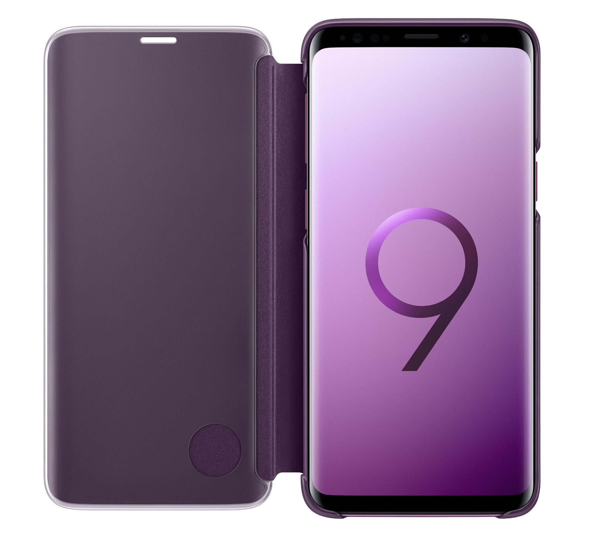 Smartphone morado en una funda morada. La funda está abierta. El fondo es blanco.