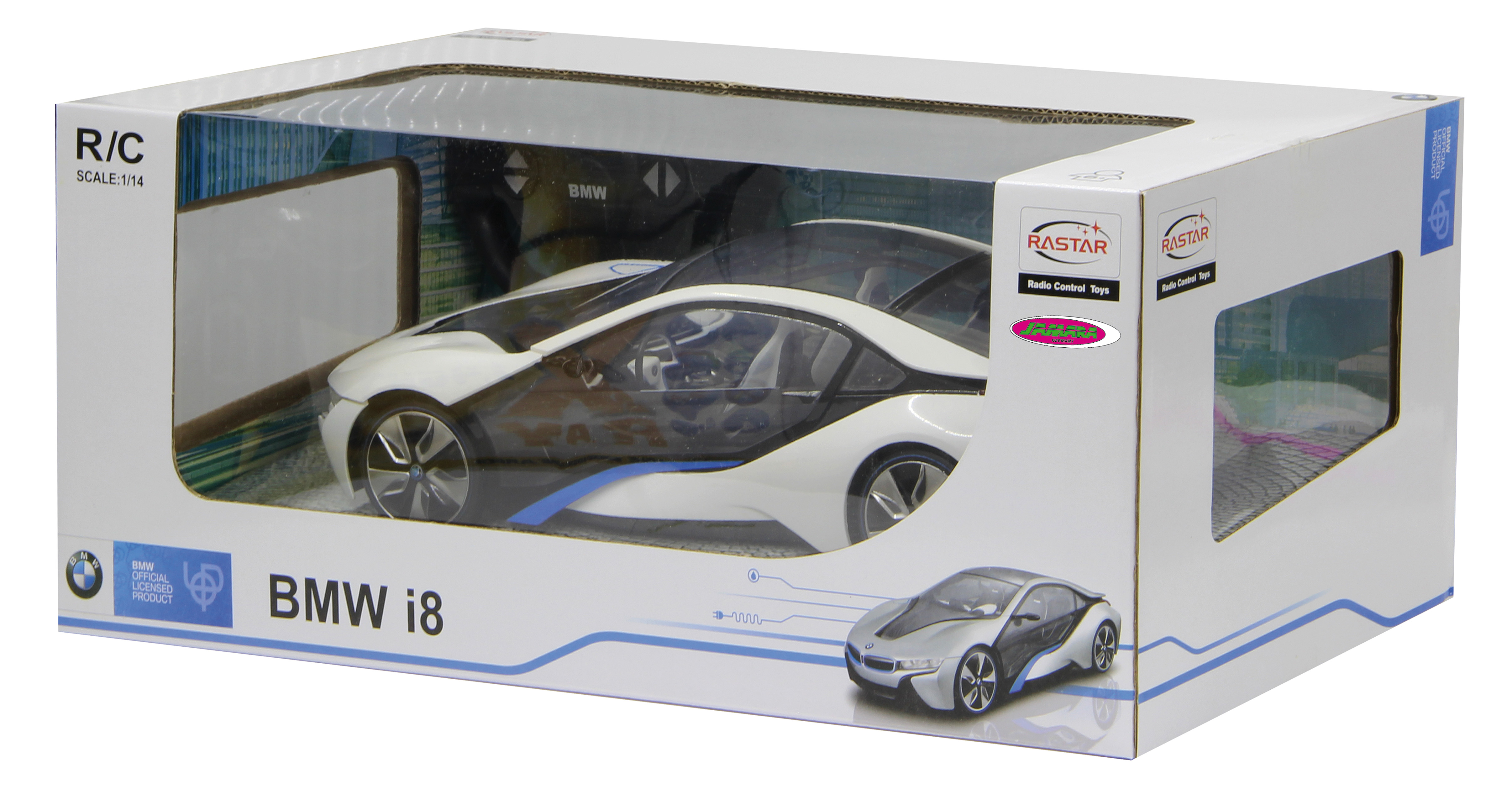 Samochód zabawka BMW i8 w pudełku. Pudełko jest białe. Samochód widoczny przez plastik.