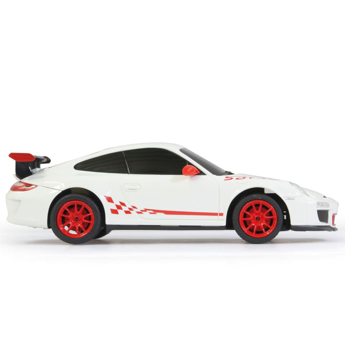 Weißes Porsche Spielzeugauto mit roten Rädern und Akzenten. Weißer Hintergrund.