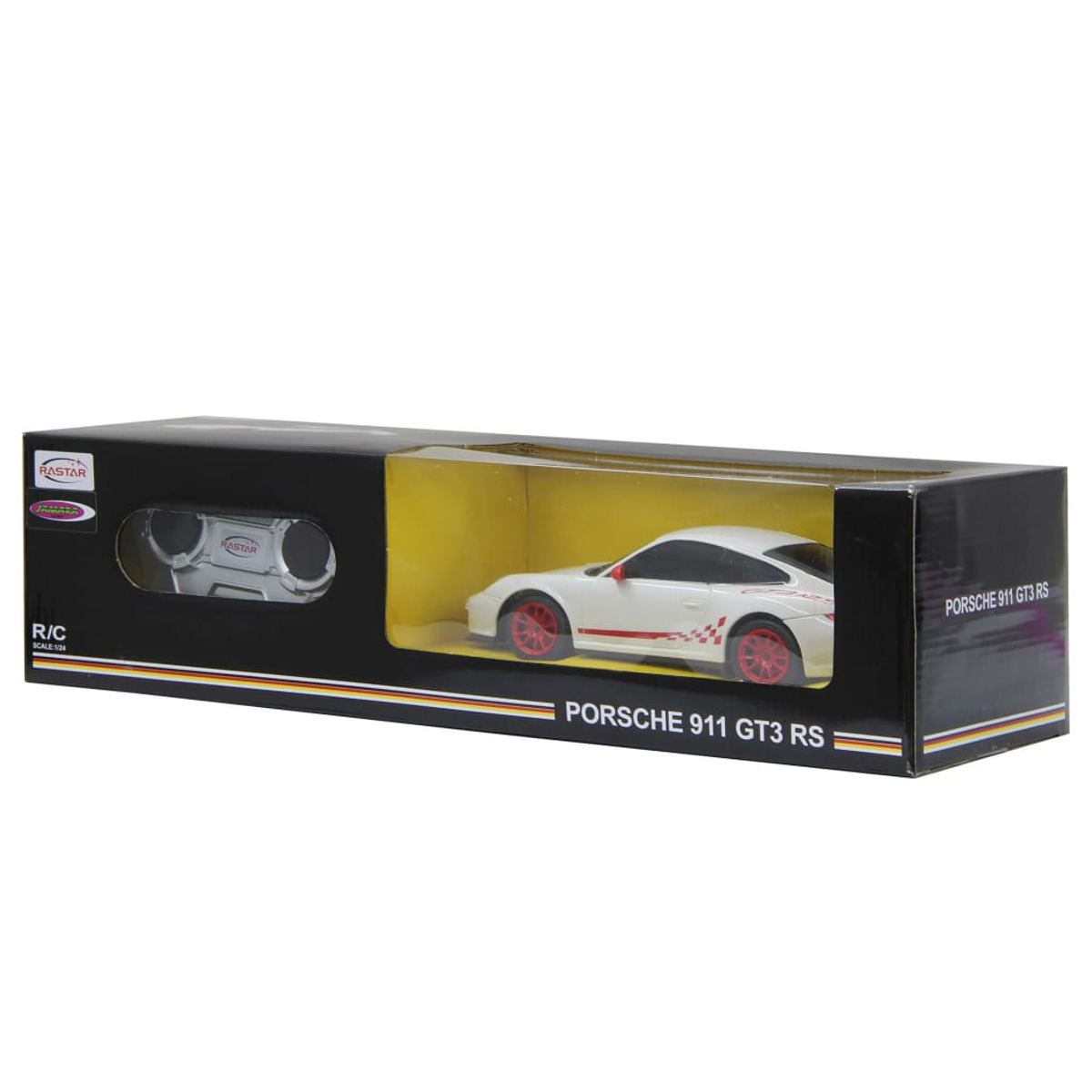 Spielzeugauto in einer Box. Weißes Auto mit roten Akzenten. Schwarze Box mit Text. Weißer Hintergrund.