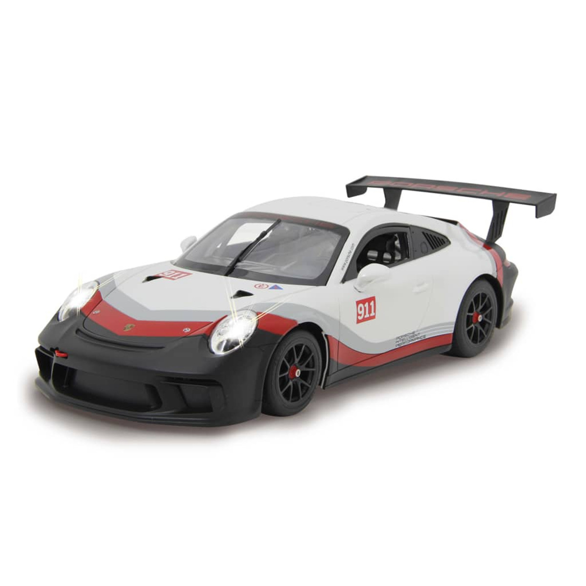 Ein weißes und rotes Porsche 911 Spielzeugauto. Das Auto hat einen Spoiler und die Nummer 911 an der Seite.