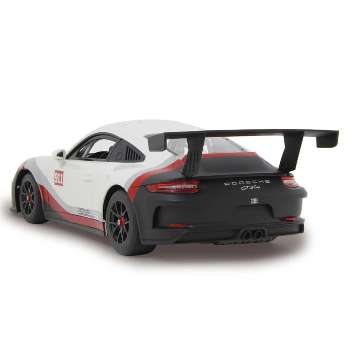 Weißer, roter und schwarzer Porsche 911 Rennwagen. Der Heckflügel ist groß.