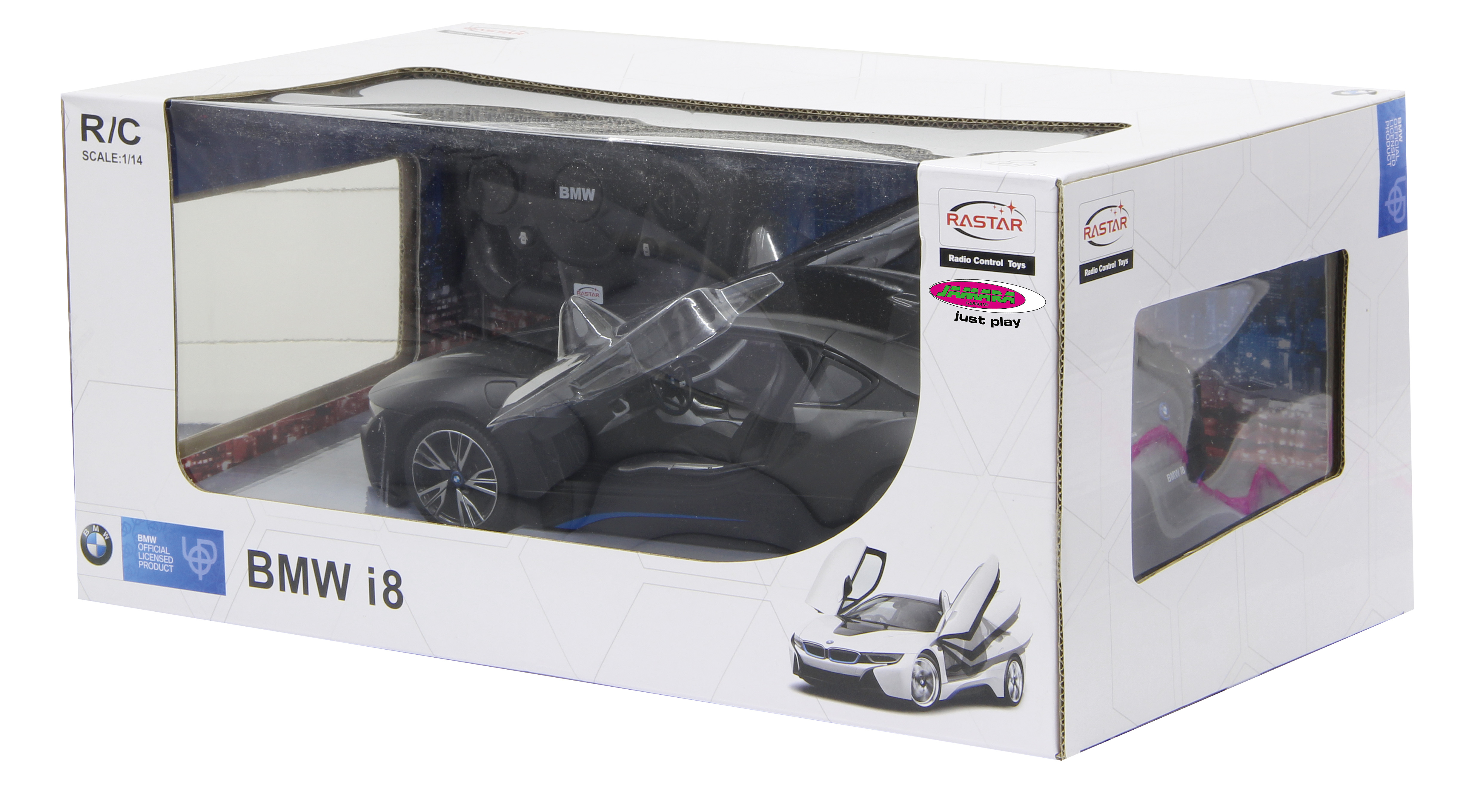 Samochód zabawkowy BMW i8 w pudełku. Pudełko ma logo BMW i zdjęcie samochodu.