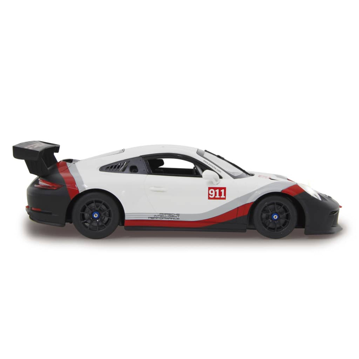 Ein weißes und rotes Porsche 911 Spielzeugauto von der Seite. Es hat einen Spoiler und die Nummer 911.