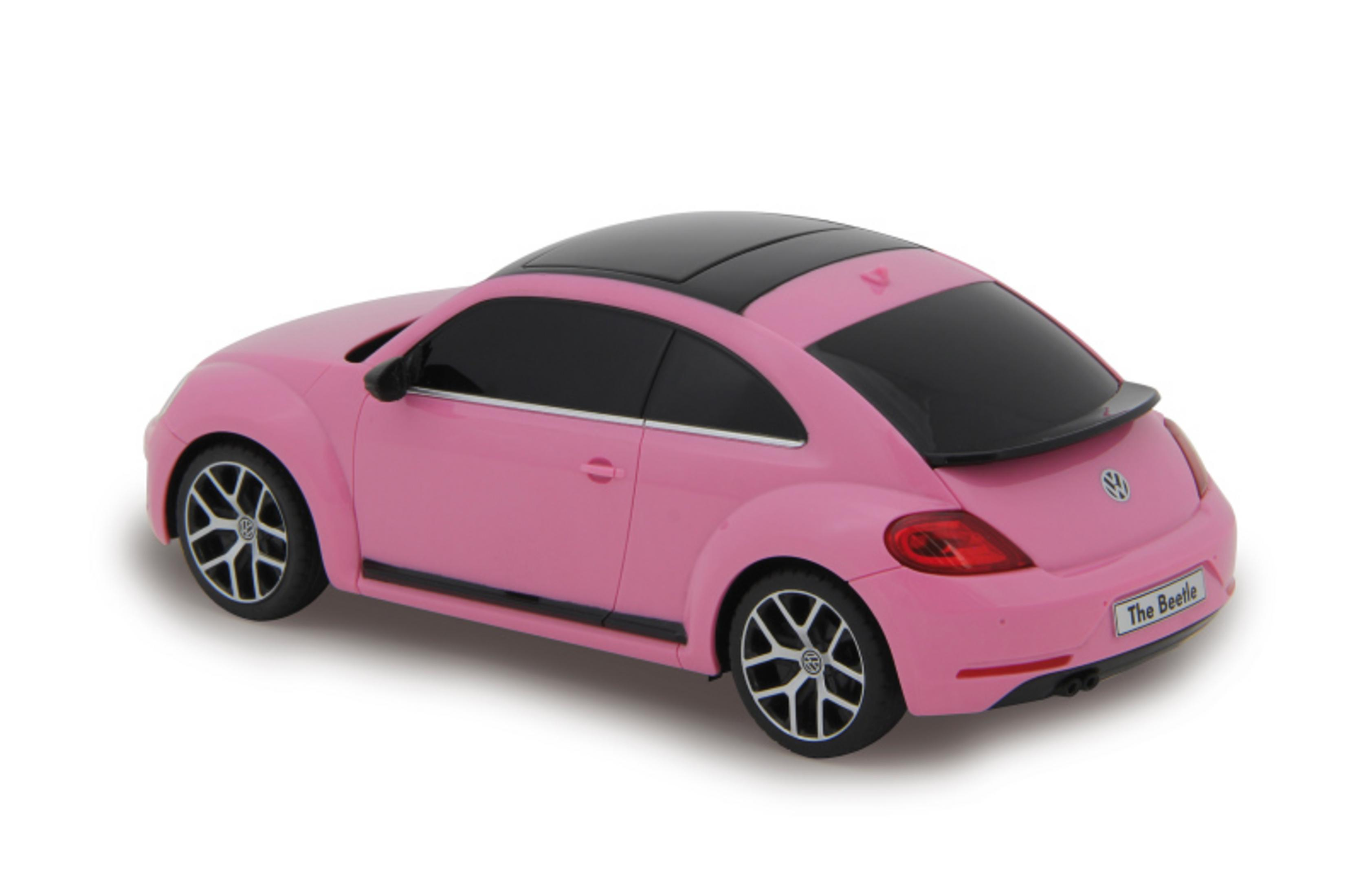 Rückansicht eines rosa VW Käfers mit schwarzem Dach und Akzenten, weißer Hintergrund.