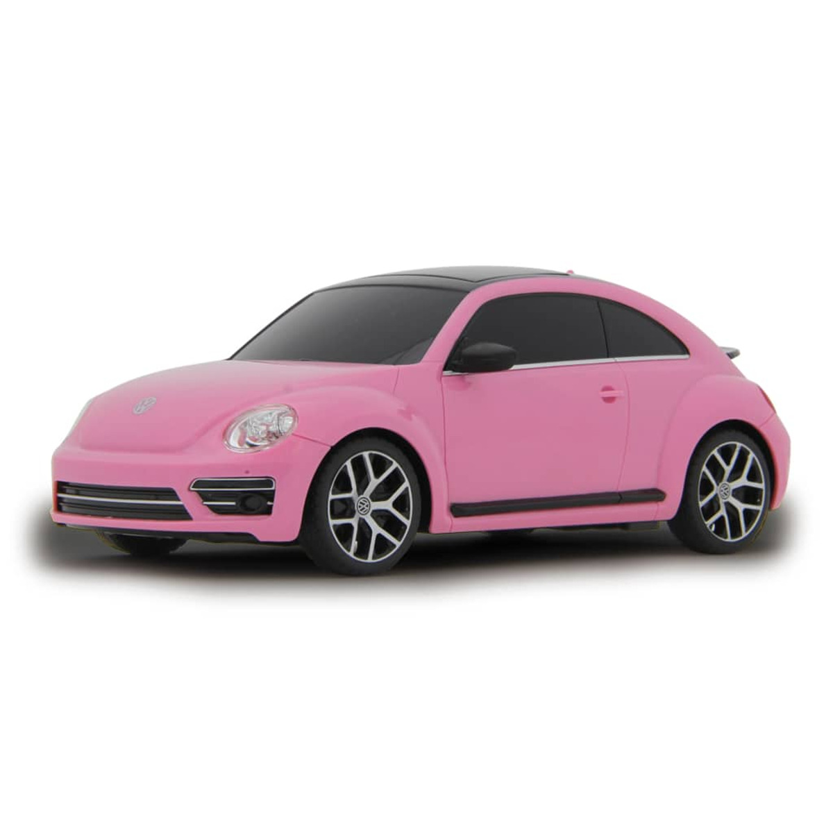 Rosa VW Käfer mit schwarzem Dach. Es ist auf weißem Hintergrund.