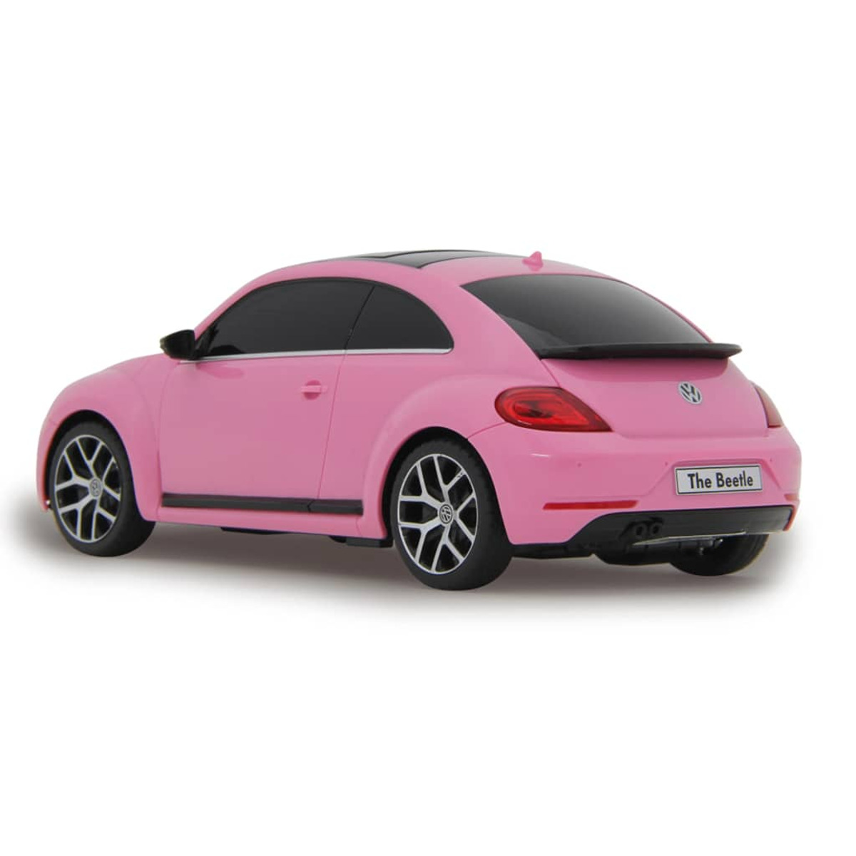Rückansicht eines rosa VW Käfers mit schwarzem Dach und Akzenten, weißer Hintergrund.