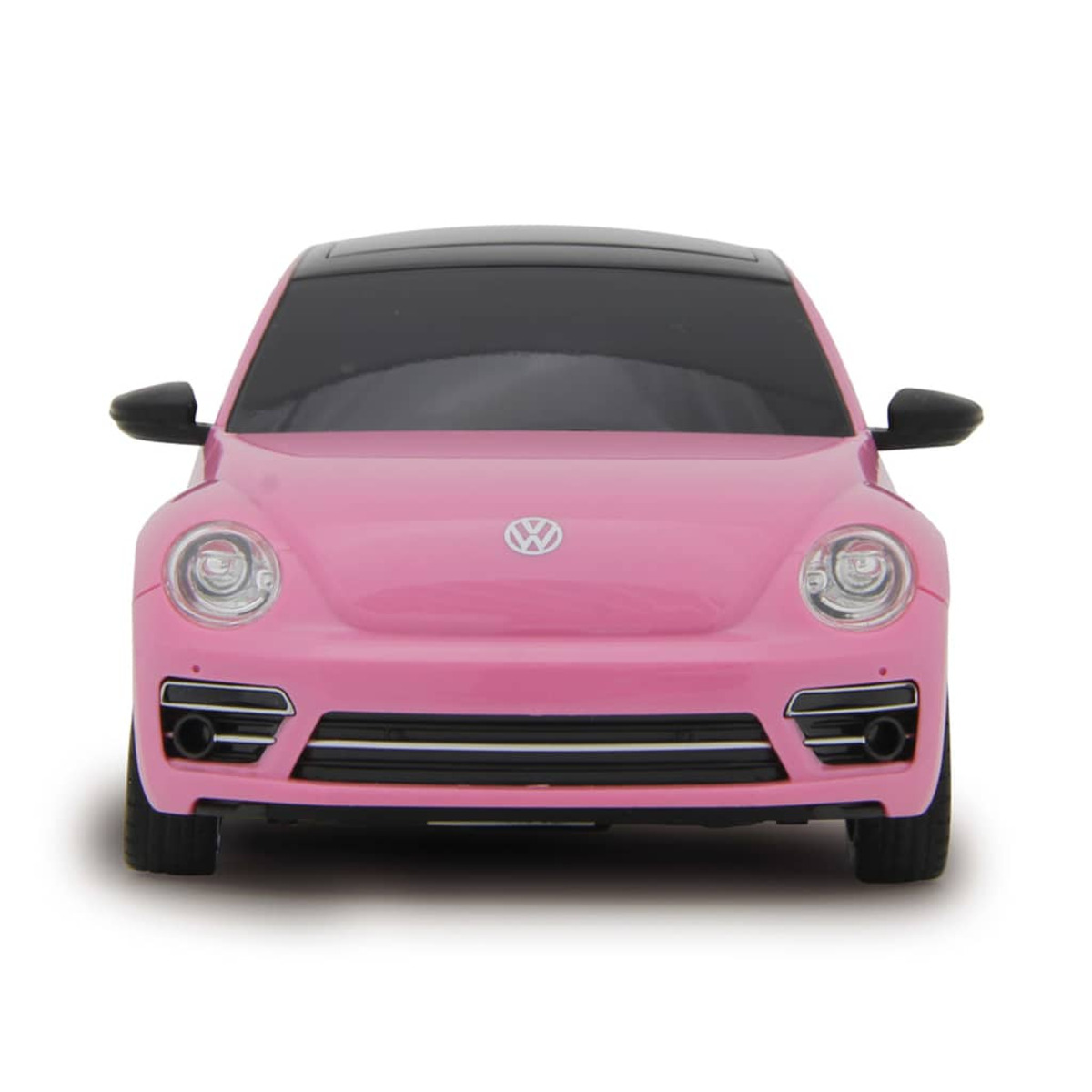 Vorderansicht eines rosa VW Käfers auf weißem Hintergrund.
