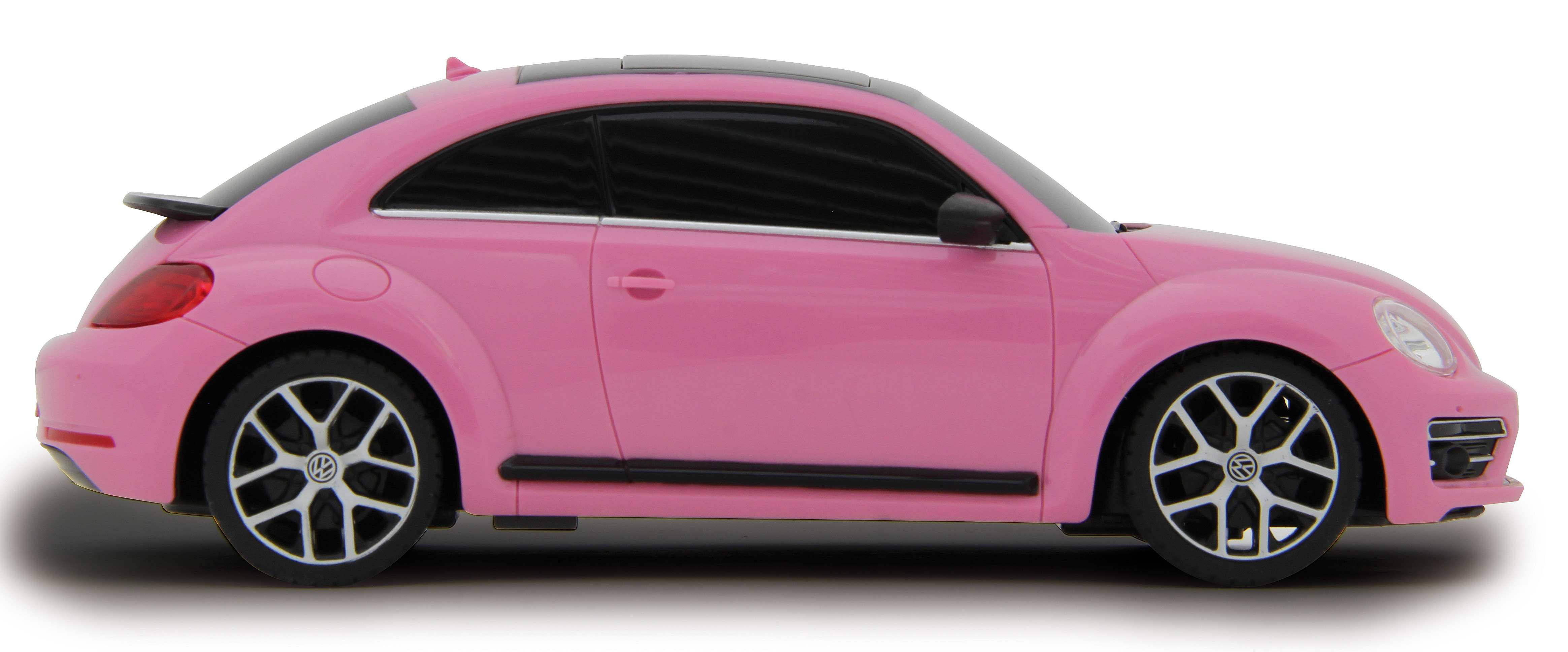Seitenansicht eines rosa VW Käfers auf weißem Hintergrund.