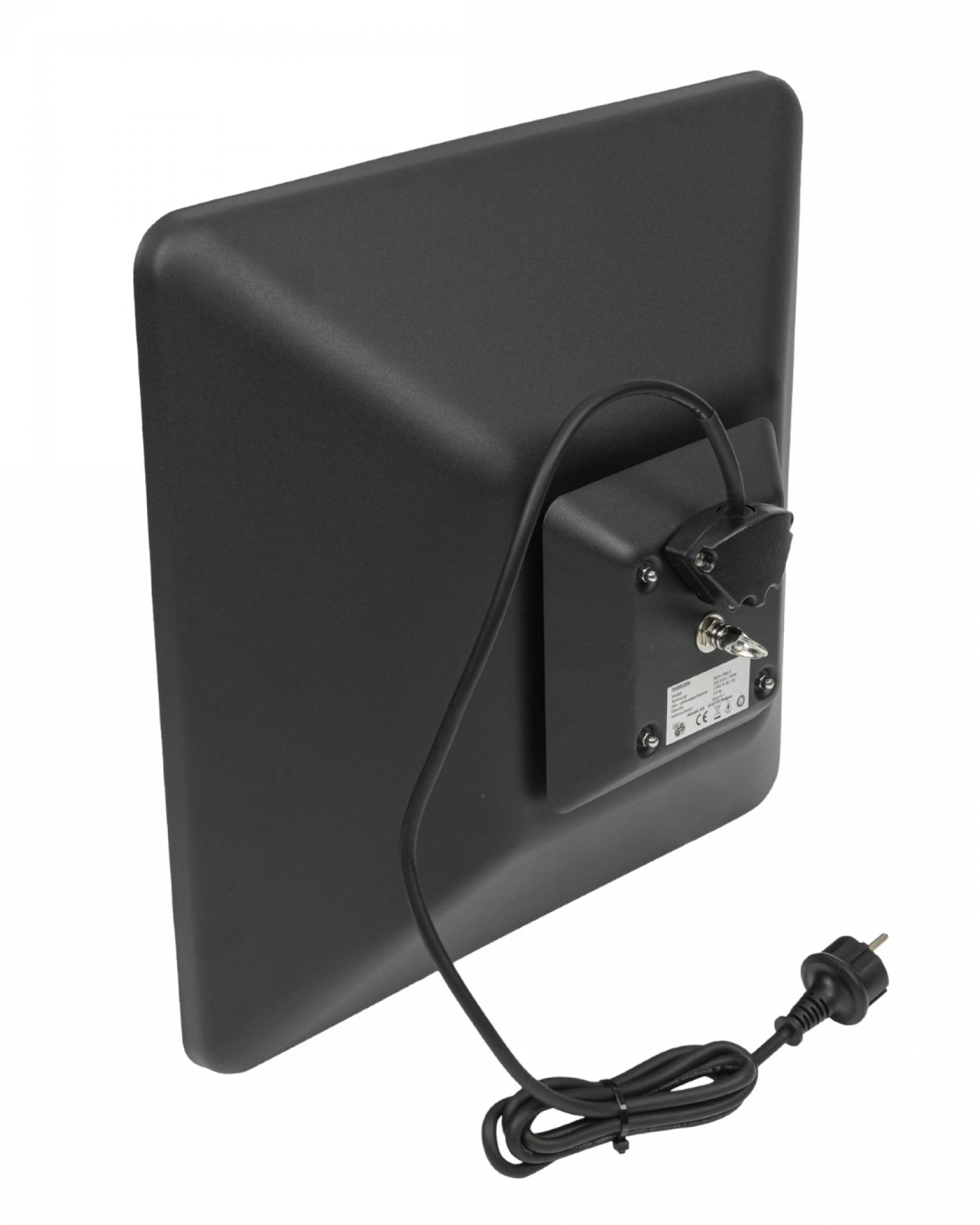 Rückansicht einer schwarzen Antenne mit Kabel und Netzstecker auf weißem Hintergrund.