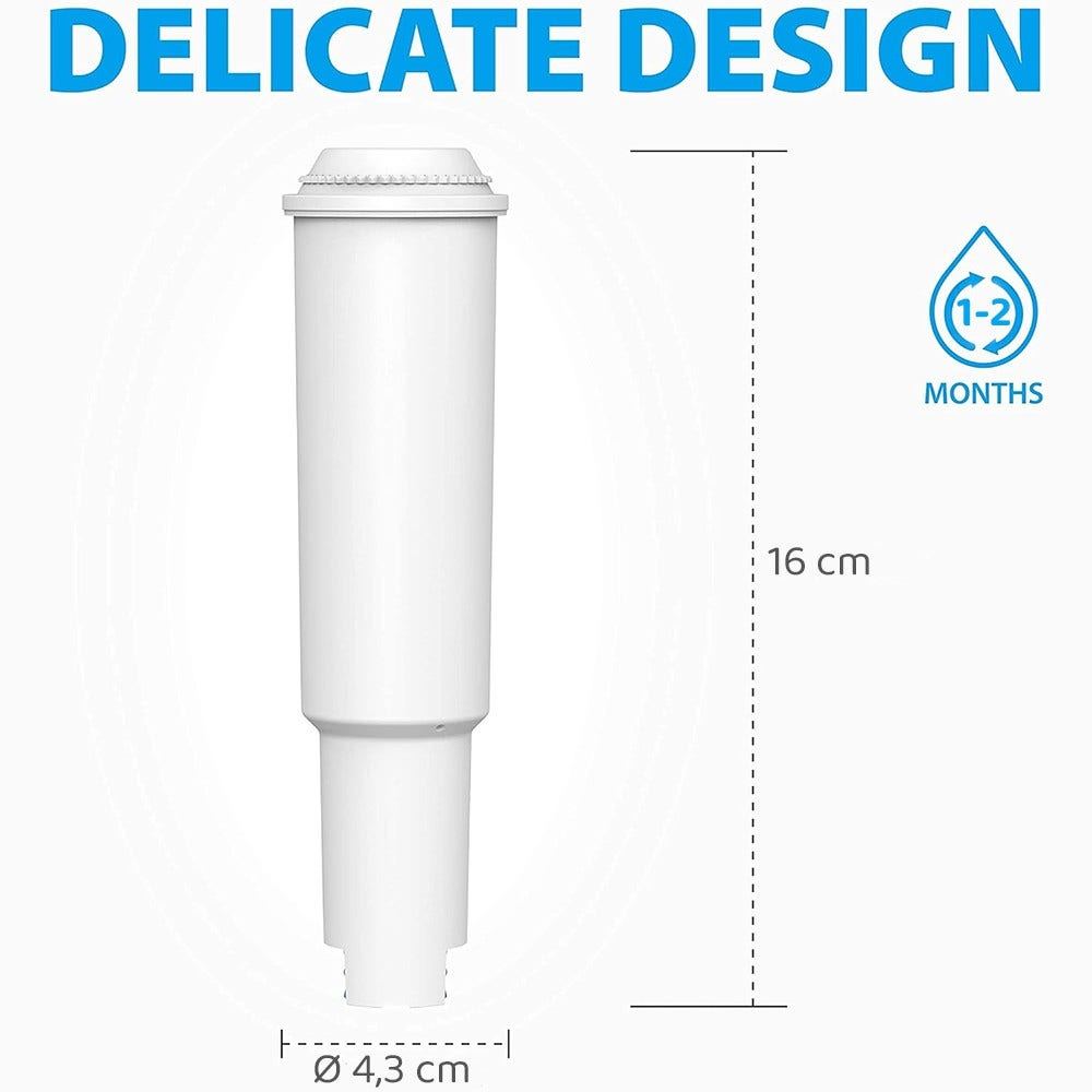 Eine weiße Wasserfilterkartusche mit oberer Kappe und zylindrischem Körper. Es hat Abmessungen und Etiketten.