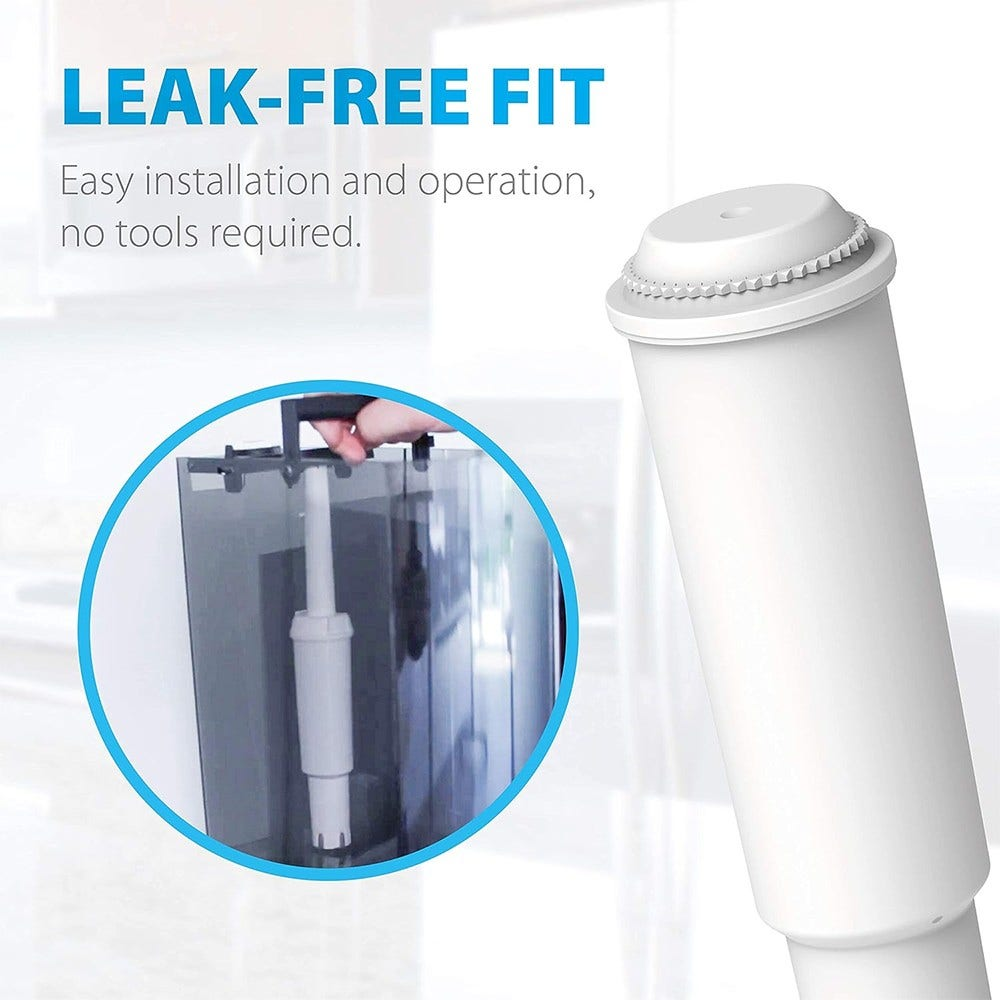 Eine weiße Wasserfilterkartusche mit einer Hand, die sie hält, und einem Text mit der Aufschrift 'LEAK-FREE FIT'.