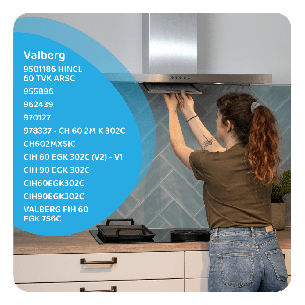 A person replacing a carbon filter in a cooker hood, with a list of compatible models.