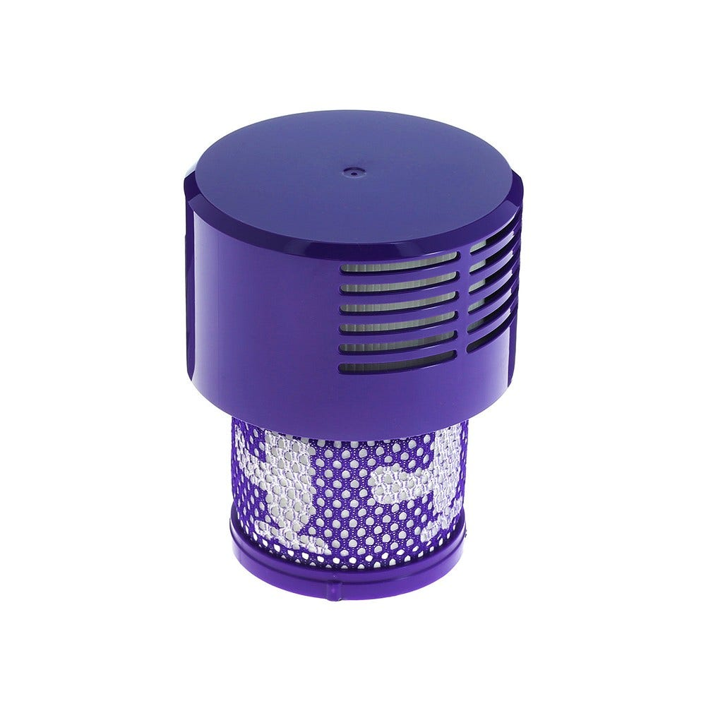 Lila Staubsaugerfilter mit zylindrischer Form und perforiertem Design. Es hat ein lila Gehäuse.