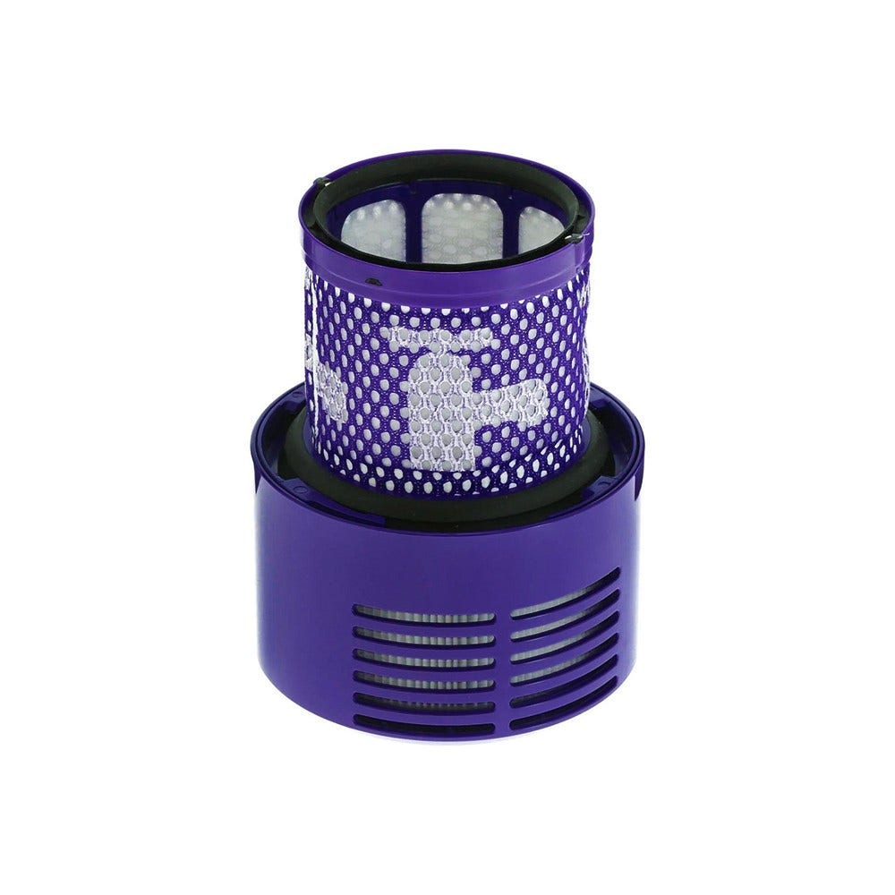 Lila Staubsaugerfilter. Es hat ein perforiertes Design. Der Filter hat eine zylindrische Form mit schwarzen Ringen.