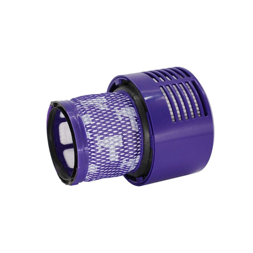 Lila-weißer Staubsaugerfilter. Es hat ein perforiertes Design. Der Filter befindet sich in einem lila Gehäuse.