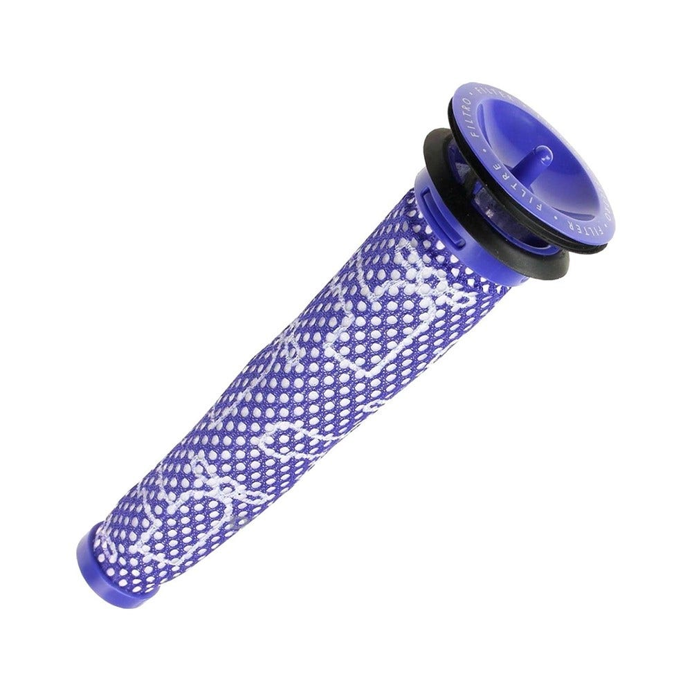 Lila-weißer Staubsaugerfilter. Es ist zylindrisch mit perforiertem Design. Hat einen schwarzen Gummiring.