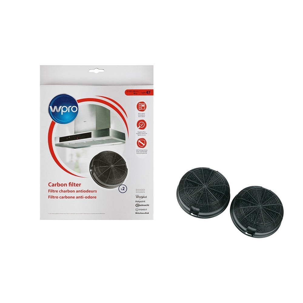 Eine Packung und zwei Aktivkohlefilter für eine Dunstabzugshaube.