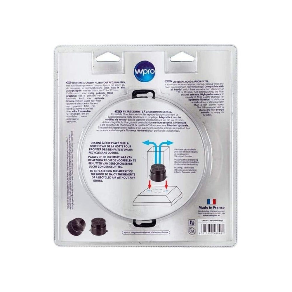 Confezione per un filtro a carbone universale per cappa con istruzioni e diagrammi.