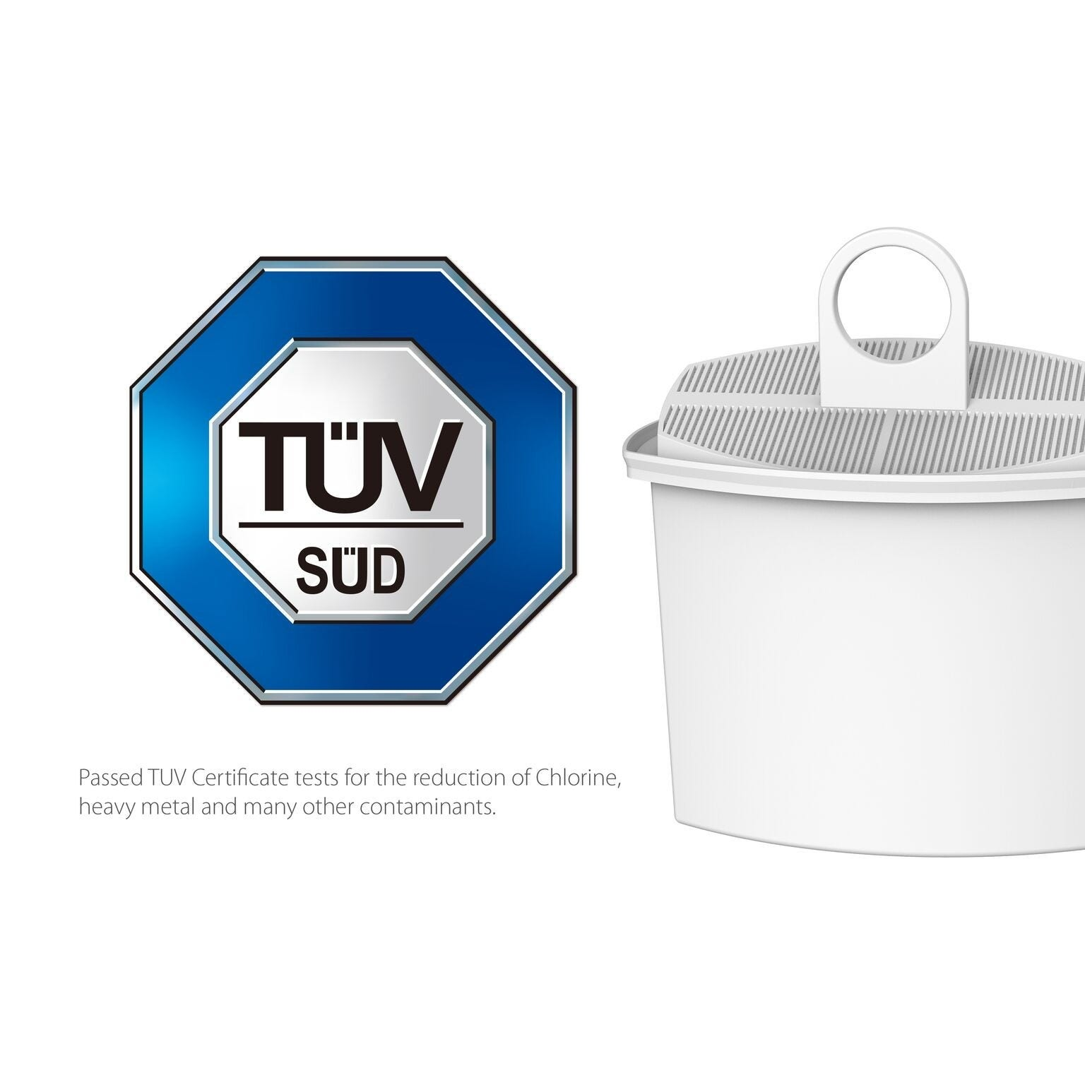 Distintivo bianco e blu con logo TUV SUD. Filtro bianco con maniglia a destra. Testo: test superati.