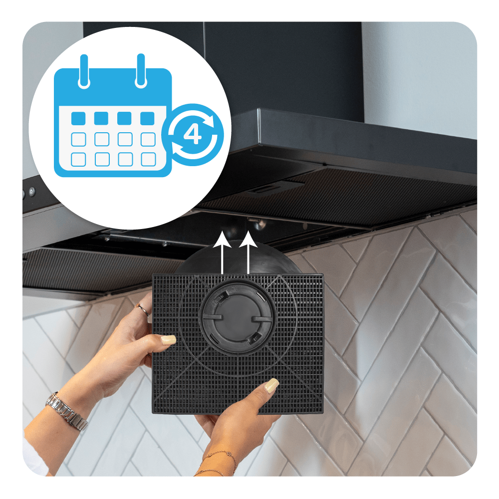 Hände installieren einen schwarzen Luftfilter in einer Küchenhaube, mit einem Kalendersymbol für den Filterwechsel.