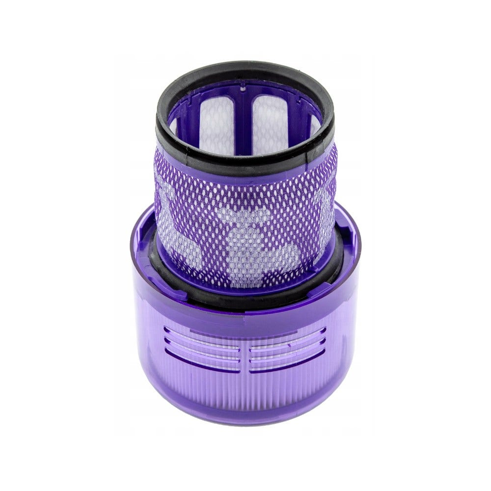 Un filtro per aspirapolvere viola e bianco. Il filtro è cilindrico.