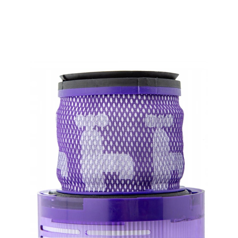Un filtro per aspirapolvere viola e bianco. Il filtro è cilindrico.