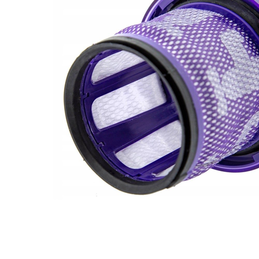 Primo piano di un filtro per aspirapolvere viola e bianco. Il filtro è cilindrico.