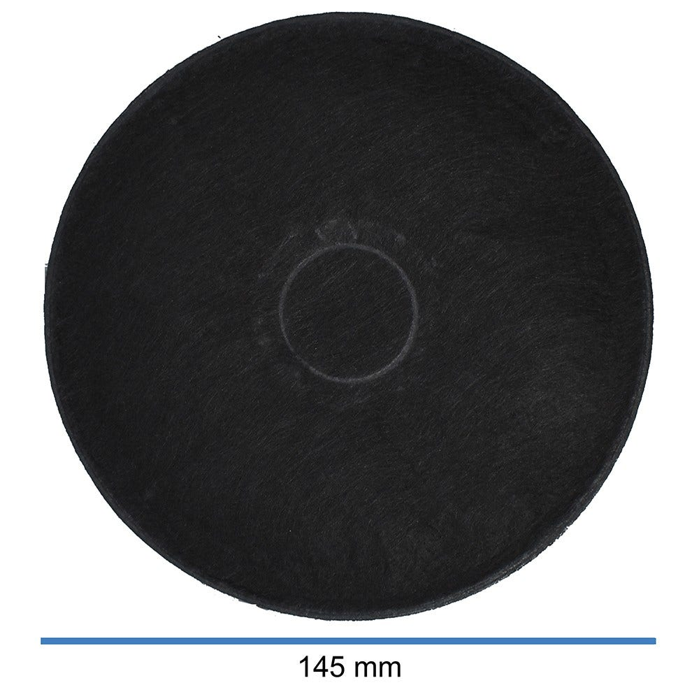Un filtro rotondo nero con un foro centrale e una misurazione di 145 mm sotto.