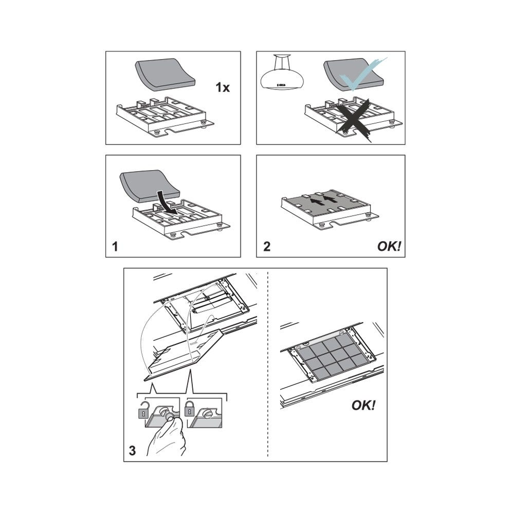 Istruzioni di montaggio: diagrammi che mostrano il posizionamento del filtro all'interno di un alloggiamento. Guida passo-passo con etichette 'OK!'.
