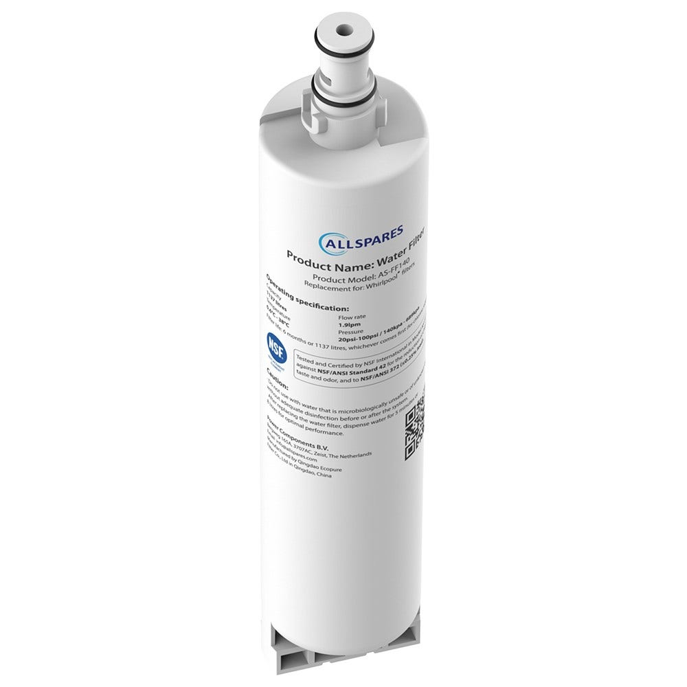 Weißer Wasserfilter mit Produktdetails auf der Seite, vertikal auf weißem Hintergrund positioniert.