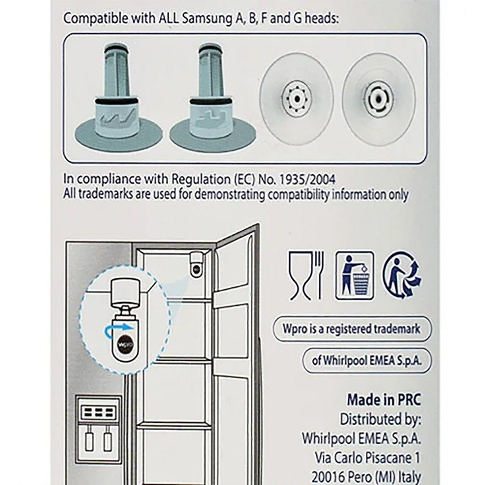 Diagramm eines Kühlschranks mit Wasserfilterkomponenten, Text und Logos.