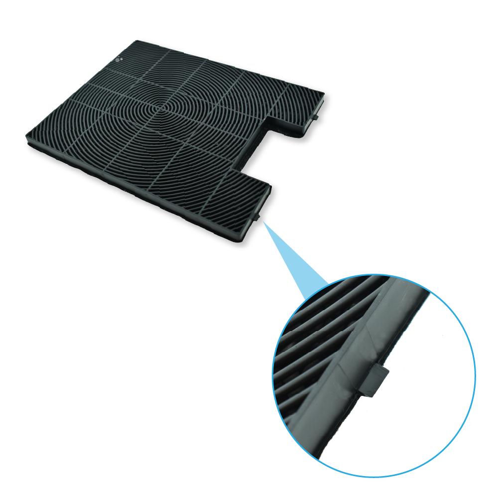 Ein schwarzer Filter mit Rastermuster, von seiner Basis getrennt. Vergrößerter Abschnitt zeigt Filterdetails.