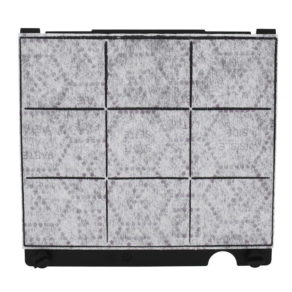 Prostokątny filtr z czarną ramką, podzielony na dziewięć kwadratów. Jasnoszary materiał filtracyjny.